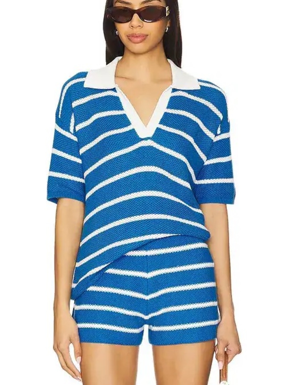 Kule Fjord Polo Knit Top Striped Collared Short Sleeve Cotton Shirt Blue White S